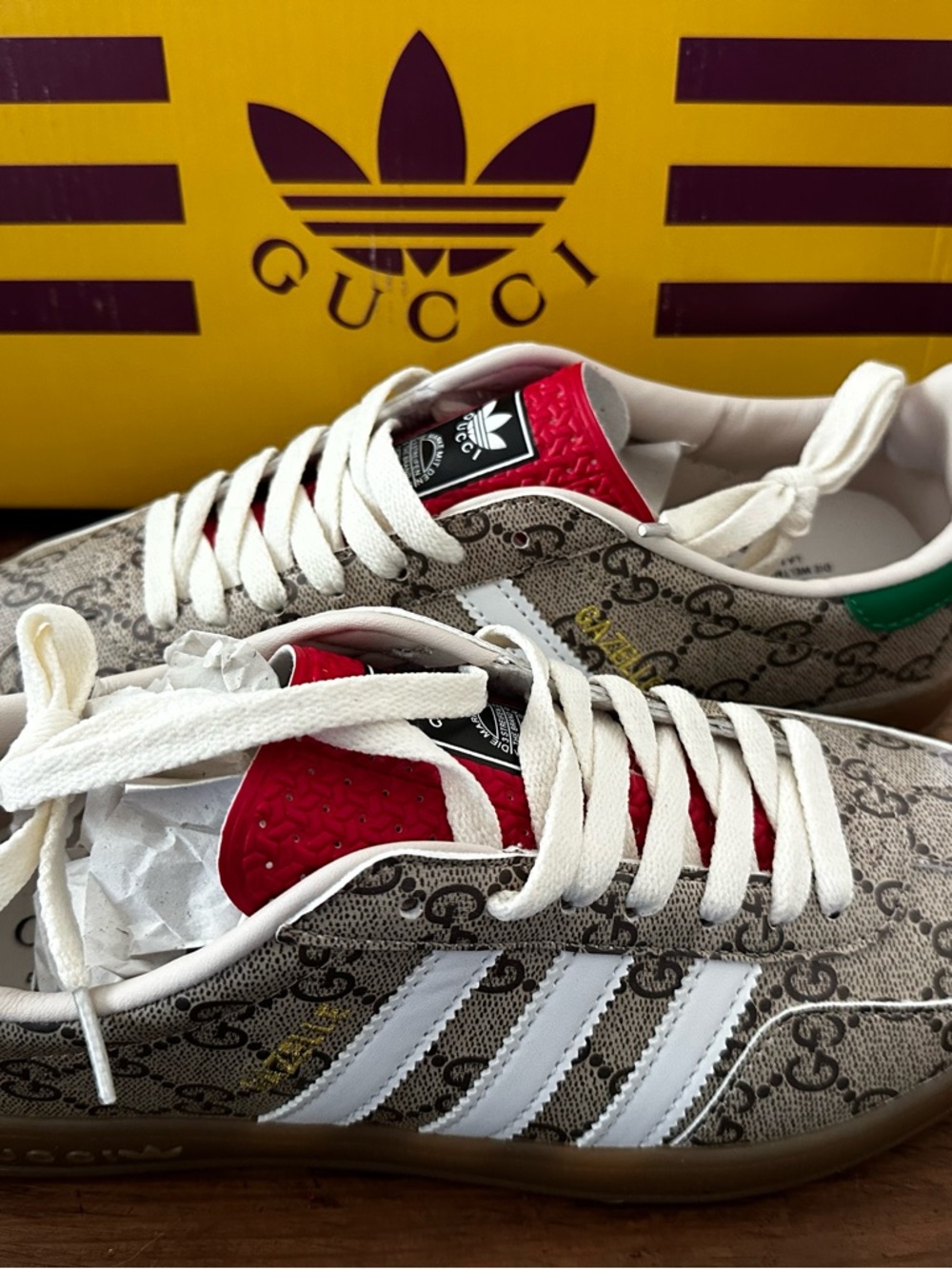 Gucci Beige Monogram Sneakers with White Stripes, Red Tongue, Green Heel